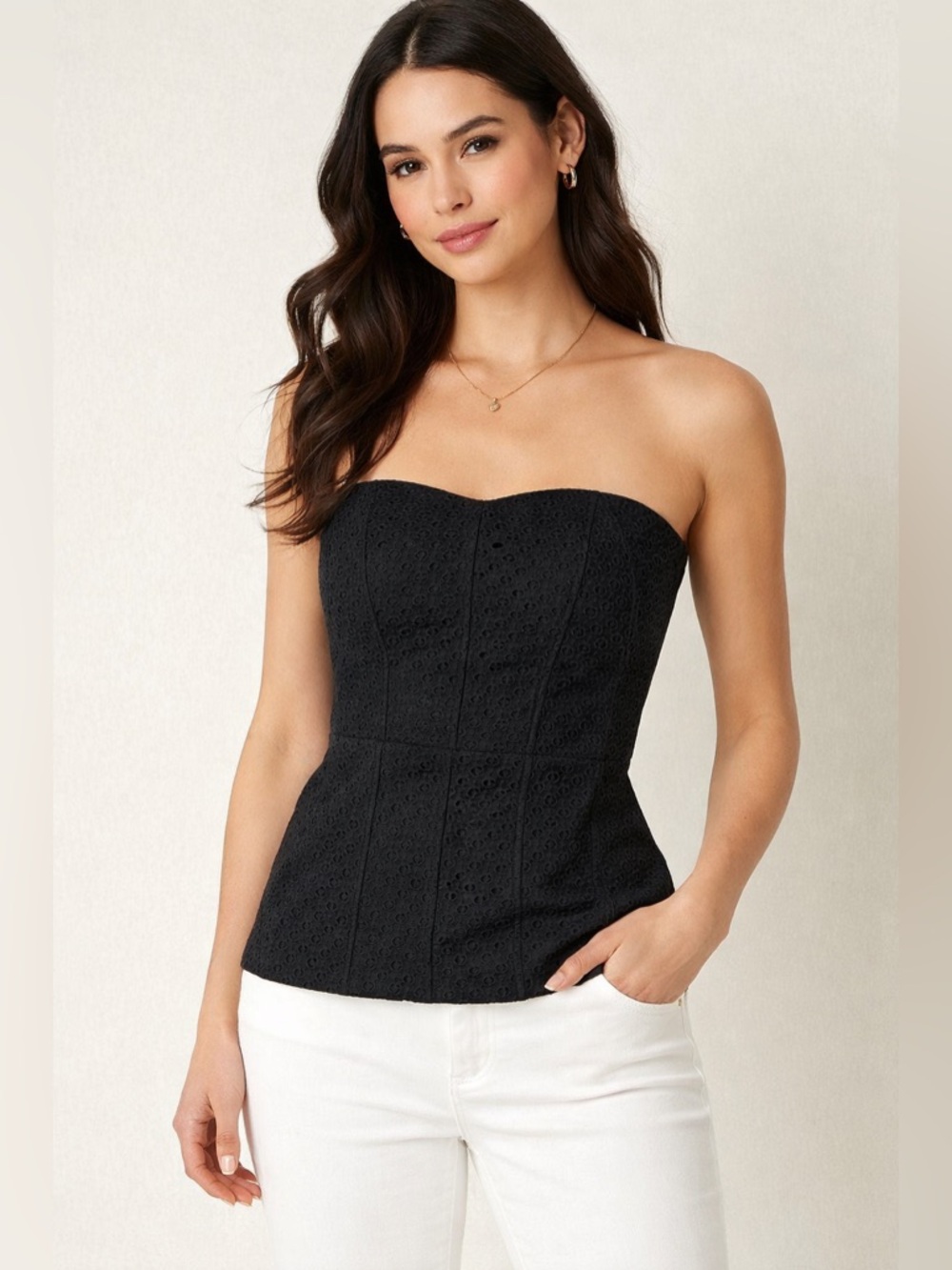 White House Black Market Black Eyelet Strapless Top Size 0 Structured Corset